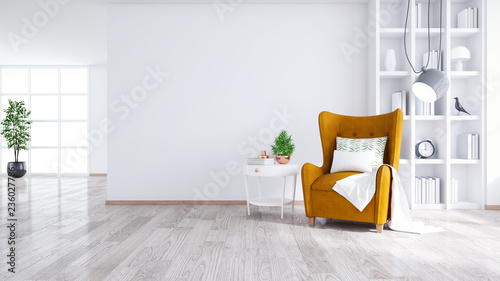 Modern and minimalist interior of living room ,Yellow armchair with white table on white wall and wood floor ,3d render