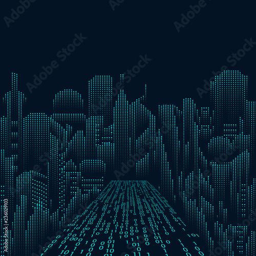abstract technology background; digital landscape; digital building in matrix style; binary city of blue light, 