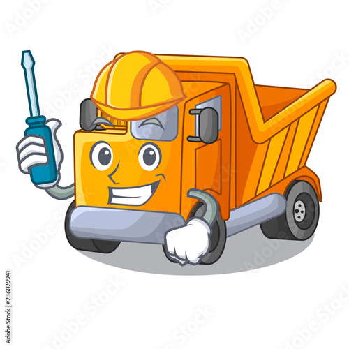 Automotive character truck dump on trash construction