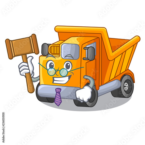 Judge character truck dump on trash construction