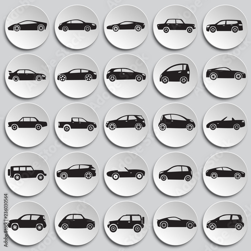 Cars collection icons set on plates background for graphic and web design, Modern simple vector sign. Internet concept. Trendy symbol for website design web button or mobile app.