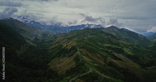 Aerial view of Beautiful skyline on the hill, Mountain road, Curve road from Pua District to Boklua District at Nan province, Thailand