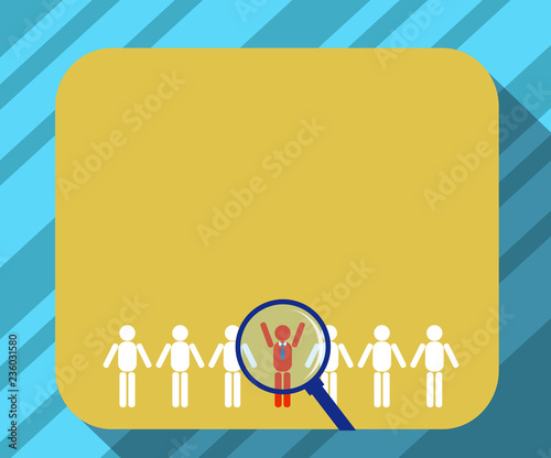 Design business concept Empty copy space modern abstract background. Magnifying Glass Over Chosen Man Figure Among the Hu analysis Dummies Line Up