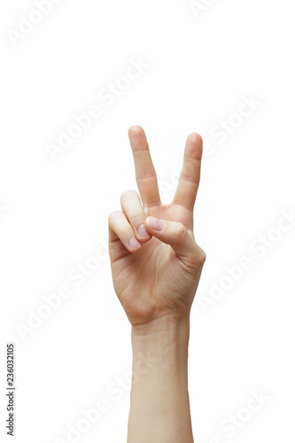 hand showing victory sign against white background
