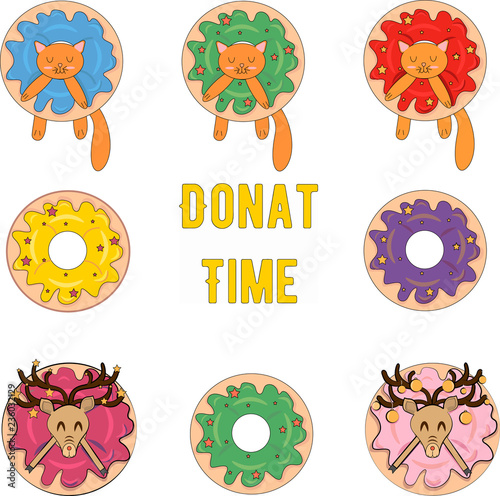 Glazed donats color contrast vector isolated on white background with sleepping kitten and deer. 
