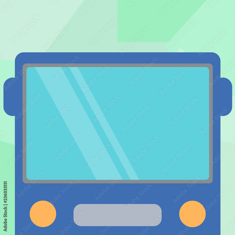Design business Empty copy space text for Ad website promotion isolated Banner template. Drawn Flat Front View of Bus with Blank Color Window Shield Reflecting Design business Empty copy space text for Ad website promotion isolated Banner template. Drawn Flat Front View of Bus with Blank Color Window Shield Reflecting
