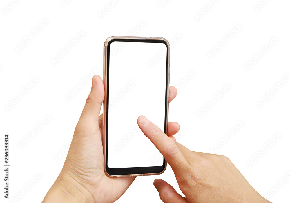 スマホをタッチする女性の手と白背景 Stock Photo Adobe Stock