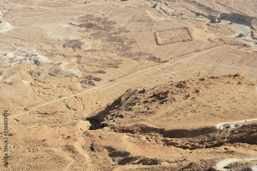 Aerial view of the desert from the Masada fortress in Israel Aerial view of the desert from the Masada fortress in Israel