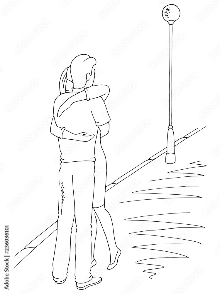Obraz premium Man and woman hugging meeting on the street graphic black white landscape sketch illustration vector