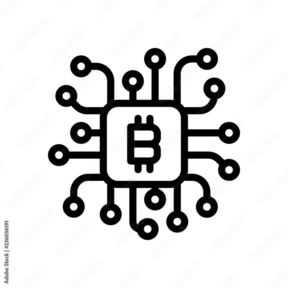 Linear bitcoin chip icon. Processor for farming. Black on white Linear bitcoin chip icon. Processor for farming. Black on white