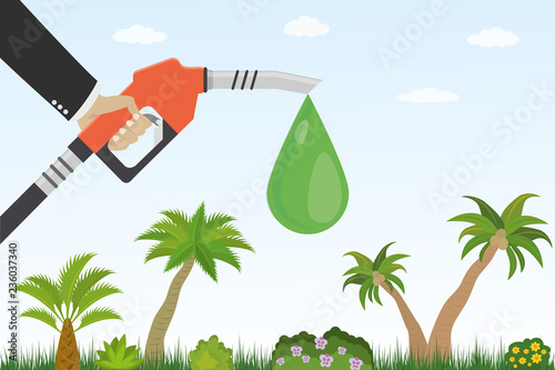 Gasoline pump with drop and green plants, grass,trees..Ecological gas station.