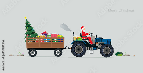 Santa driving a tractor With gift boxes and Christmas trees.