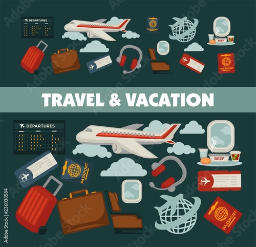 Travel poster for holiday vacation and summer air voyage.