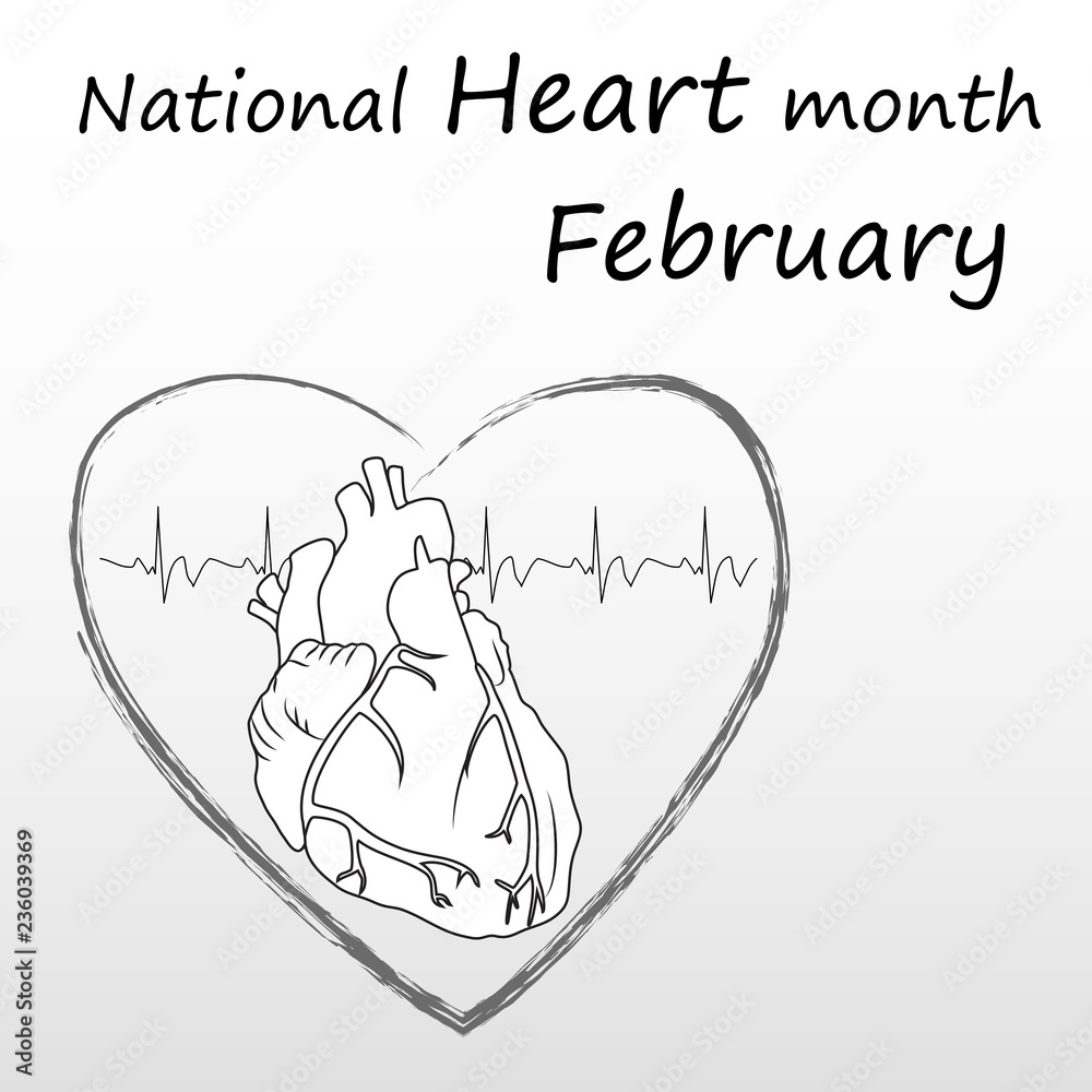 Obraz premium Heart health poster, banner, design template. National heart day, february. Anatomy heart image, heartbeat. Medical flat outline vector illustration.