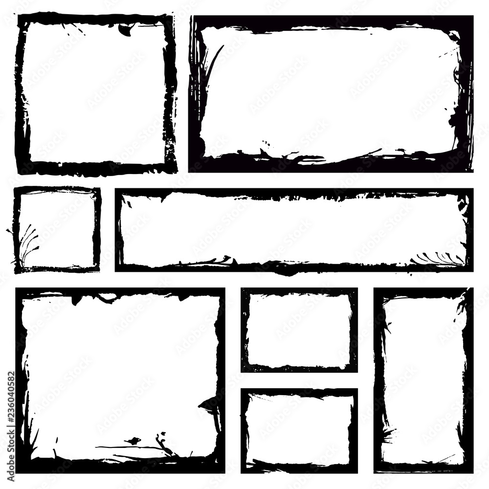 Set of grunge square frames. Empty border background. Hand draws black and white ink. Distress damaged edge vintage template. Brush stroke vector. Set of grunge square frames. Empty border background. Hand draws black and white ink. Distress damaged edge vintage template. Brush stroke vector.