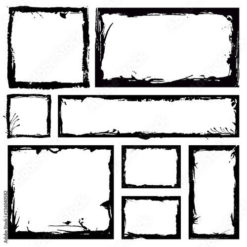 Set of grunge square frames. Empty border background. Hand draws black and white ink. Distress damaged edge vintage template. Brush stroke vector.