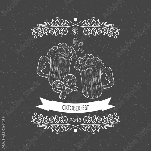 Oktoberfest. A mug of beer, foam, pretzel. Sketch. Logo, emblem. Vintage. The effect of chalk.