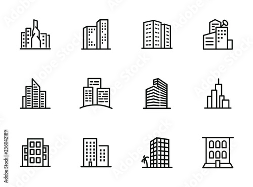 Cityscape line icon set. Set of line icons on white background. Architecture concept. Building, skyscraper, architecture. Vector illustration can be used for topics like apartment, estate, downtown