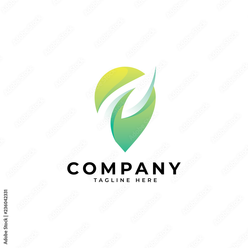 Modern nature location logo, gradient color, nature leaf and pinpoint vector icon