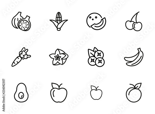 Healthy eating line icon set. Set of line icon on white background. Grocery concept. Apple, avocado, banana. Vector illustration can be used for topics like diet, fitness, grocery store