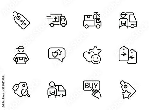 Online shop line icon set. Set of line icons. Shopping concept. Delivery man, service, percent tag. Vector illustration can be used for topics like internet, trading, online shopping