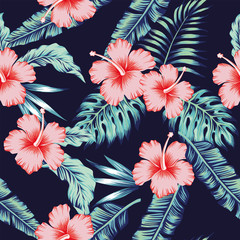 Fotobehang Hibiscus patronen Roze hibiscus monstera palmbladeren patroon  © berry2046
