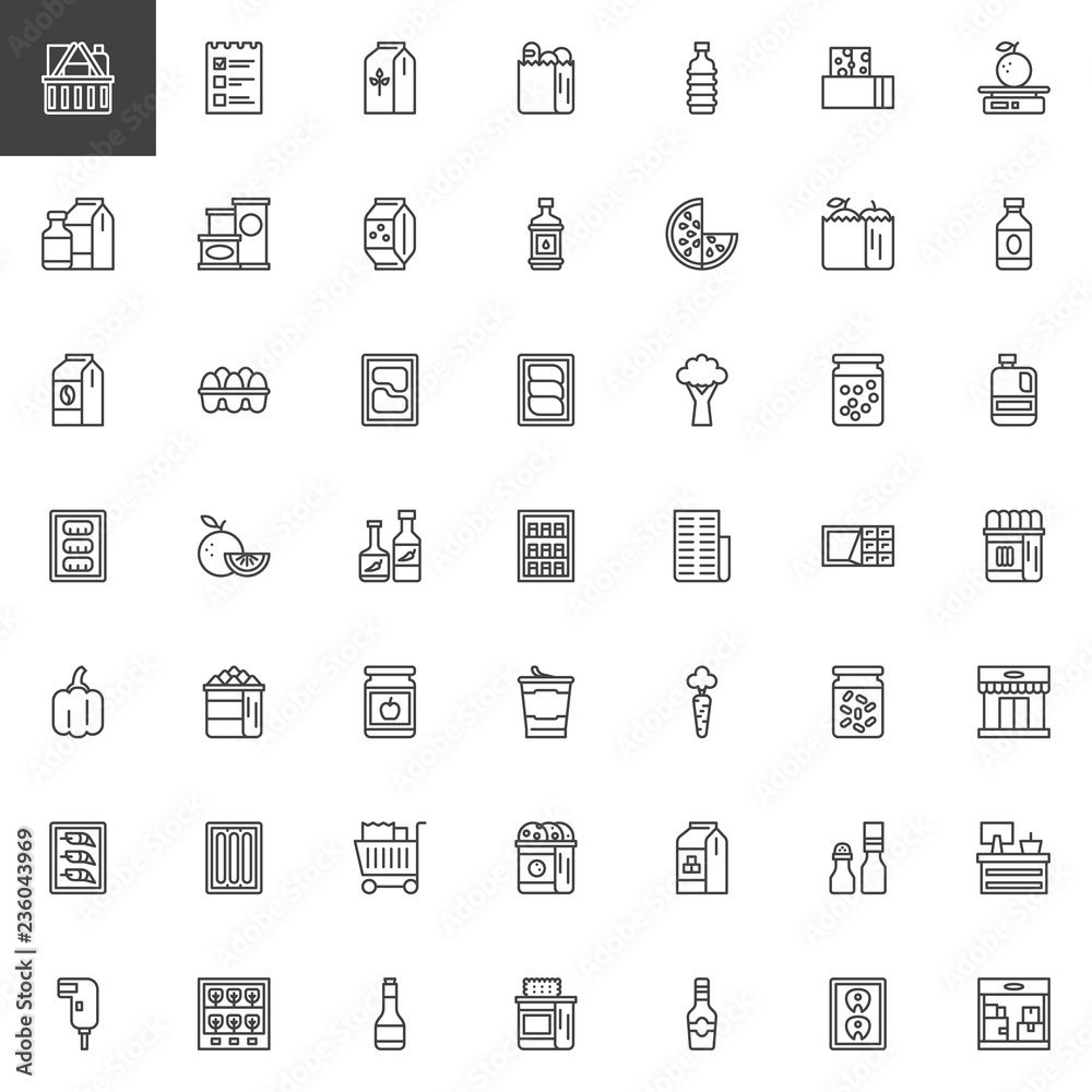 Grocery outline icons set. linear style symbols collection, line signs pack. vector graphics. Set includes icons as Shopping cart, Store shop, Flour paper bag, Canned food, Invoice, Market, Barcode 