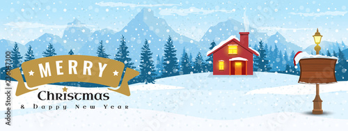 Horizontal Winter Landscape. Mountains fir tree forest in distant. Flat color vector Illustration.