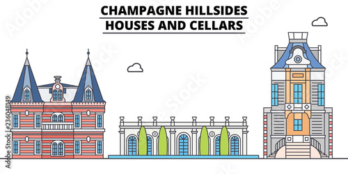 Champagne Hillsides - Houses And Cellars  line travel landmark, skyline vector design. Champagne Hillsides - Houses And Cellars  linear illustration. 
