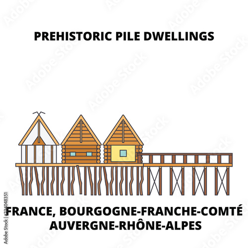 France, Bourgogne-Franche-ComtE, Auvergne-RhOne-Alpes - Prehistoric Pile Dwellings Around The Alps line travel landmark, skyline vector design. 