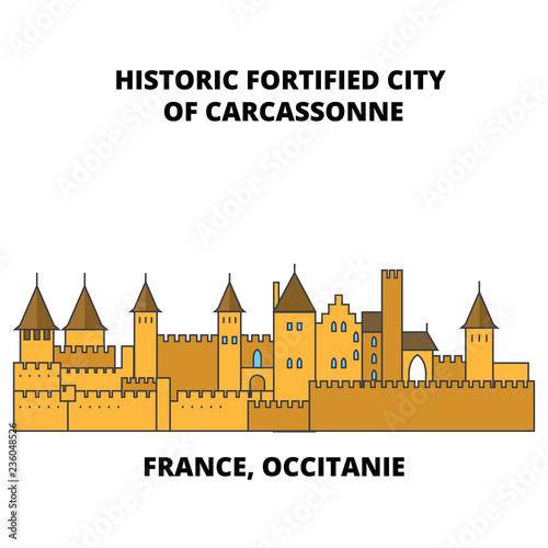 France, Occitanie - Historic Fortified City Of Carcassonne line travel landmark, skyline vector design. France, Occitanie - Historic Fortified City Of Carcassonne linear illustration. 