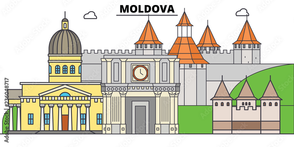 Obraz Moldova line skyline vector illustration. Moldova linear cityscape with famous landmarks, city sights, vector design landscape.