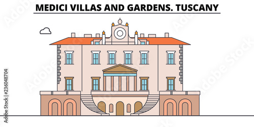 Medici Villas And Gardens. Tuscany line travel landmark, skyline vector design. Medici Villas And Gardens. Tuscany linear illustration.  photo