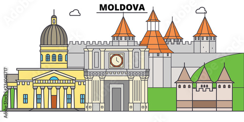Moldova line skyline vector illustration. Moldova linear cityscape with famous landmarks, city sights, vector design landscape.