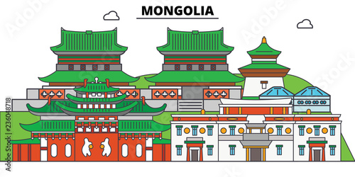 Mongolia line skyline vector illustration. Mongolia linear cityscape with famous landmarks, city sights, vector design landscape.