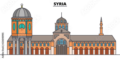 Syria line skyline vector illustration. Syria linear cityscape with famous landmarks, city sights, vector design landscape.