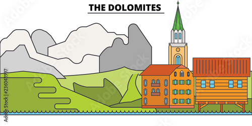 The Dolomites  line travel landmark, skyline vector design. The Dolomites  linear illustration. 