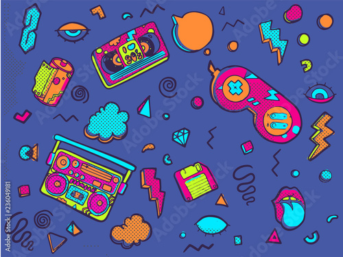 Back to the 90s. Set of stickers, pins, patches in trendy 80s-90s memphis style.