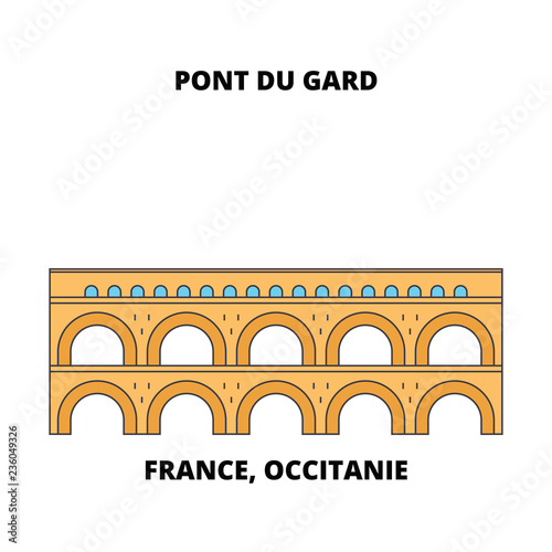 France, Occitanie - Pont Du Gard (Roman Aqueduct) line travel landmark, skyline vector design. France, Occitanie - Pont Du Gard (Roman Aqueduct) linear illustration. 