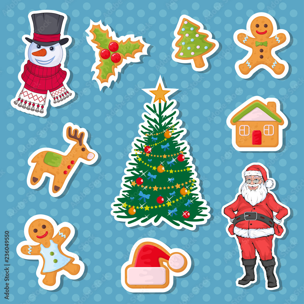 Christmas sticker. Set of different sticker for christmas. New Year. Different new year characters. Colorful cartoon sticker. New Year characters of Christmas sticker. Christmas design element.