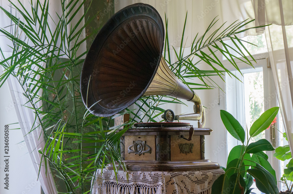 Old gramophone with plate or vinyl disk on wooden box with horn speaker