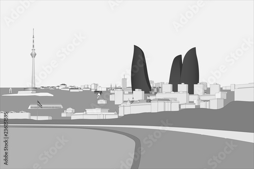 Flame Towers view from the Seaside boulevard in Baku 
