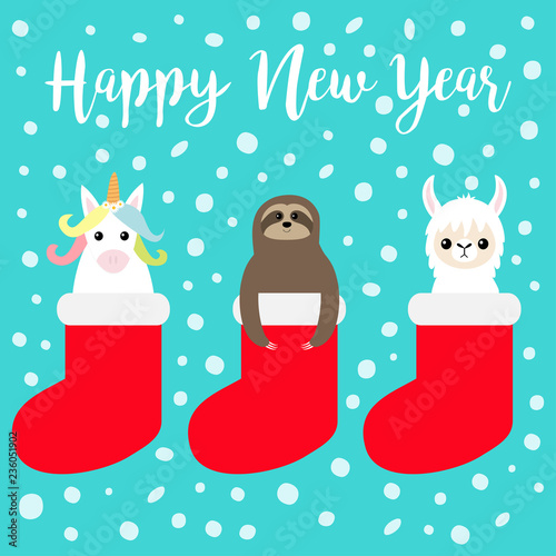 Happy New Year. Llama alpaca, sloth, unicorn in red sock. Snow flake. Merry Christmas. Cute cartoon funny kawaii character. T-shirt, greeting card, poster print. Flat design. Blue background.