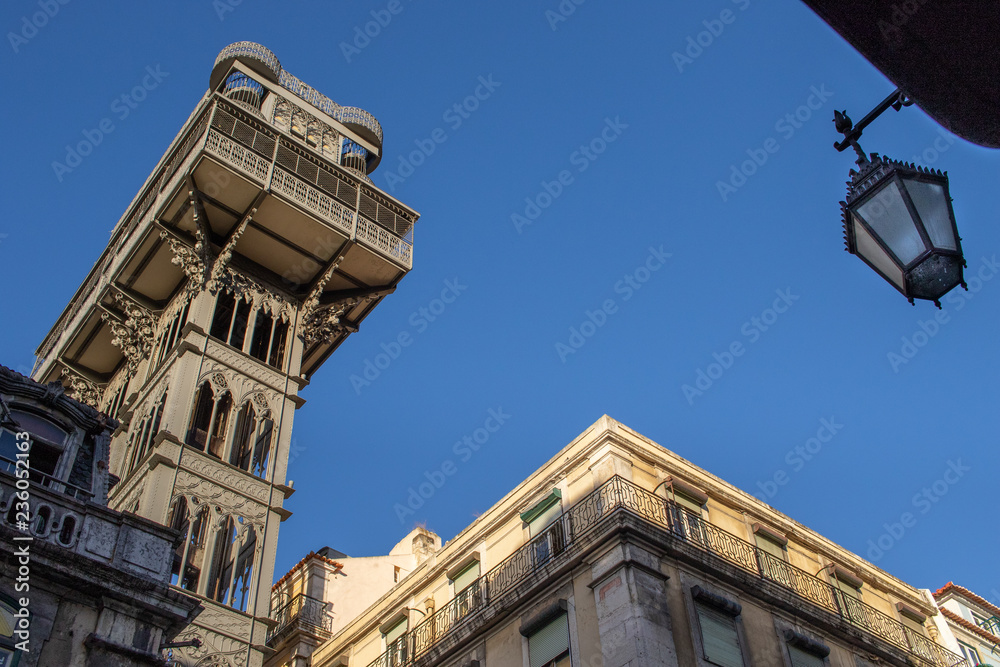 Old elevator in the center of Lisbon, Portugal in Sunny October.