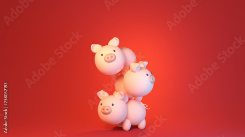 3d rendering picture stack of pigs. 2019 Chinese New year of the Pig. 