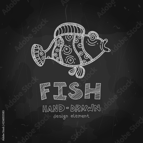 Vector funny fish. Parrot fish illustration. Chalkboard Style design element. Vector Chalkboard menu cover for seafood restaurant and snack bars with grunge elements. 