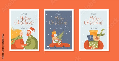 Merry christmas and happy new year greeting cards with people. Vector winter season set. Postcard or invitation template.