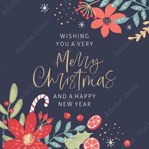 Merry Christmas calligraphy with hand drawn decorative frame. Vintage style.
