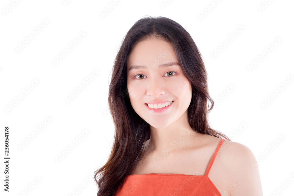 Beautiful young asian woman smiling at camera isolated over white background Beautiful young asian woman smiling at camera isolated over white background