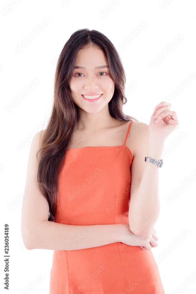 Beautiful young asian woman smiling at camera isolated over white background